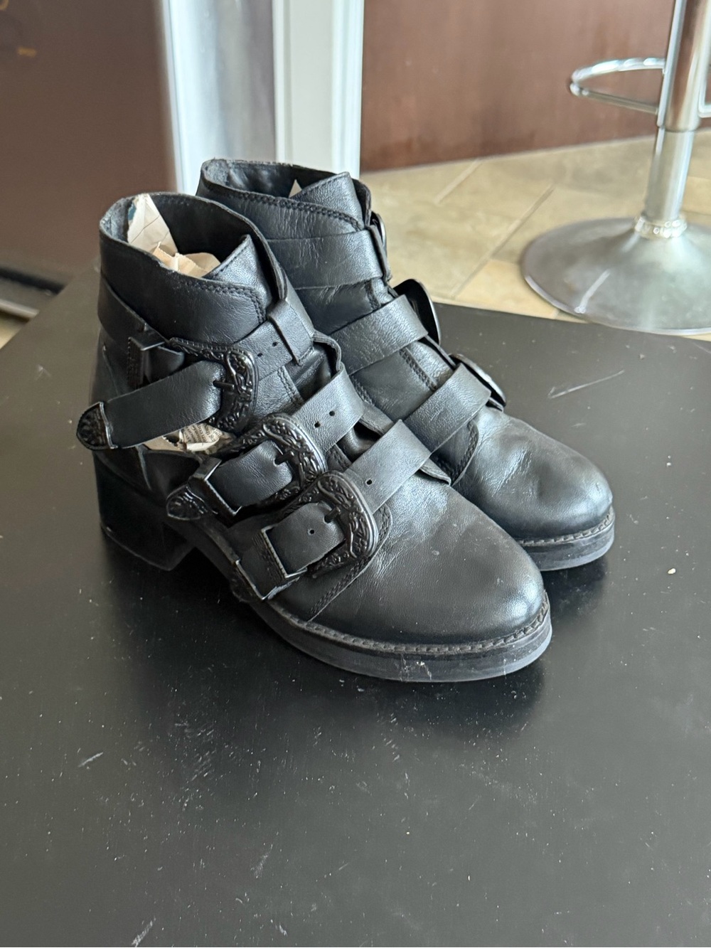 Topshop Black Triple Buckle Leather Ankle Boots